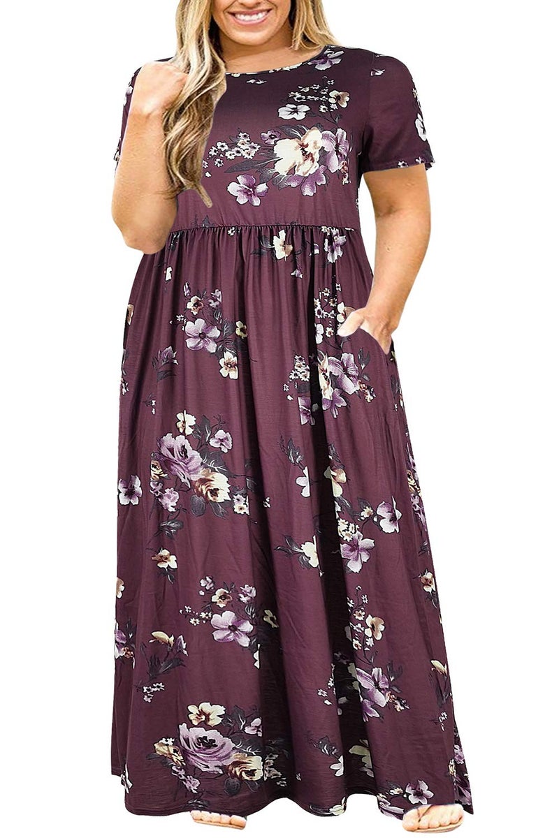 Nemidor Plus Size Maxi Dresses for Curvy Women Summer Casual Loose Short Sleeve Long Beach Dress with Pocket(149,22,Red Bean+Print) - Image 1